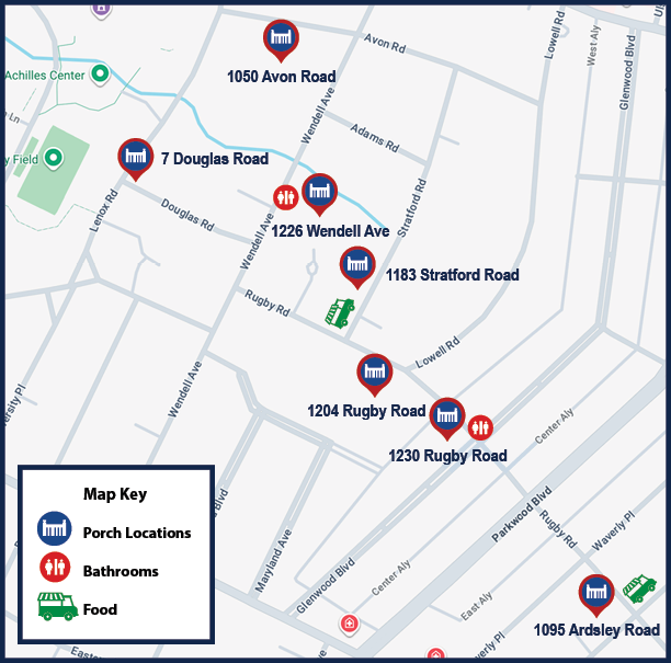 2025 Porchfest Map including porch, restroom, and food truck locations